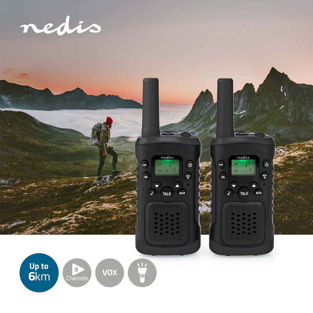Nedis WLTK0610BK Walkie Talkie Set 2 Handys bis zu 6 Frequenzkanäle: 8 Vox bis 3 Stunden Kopfhörerausgabe 2 Headsets Schwarz
