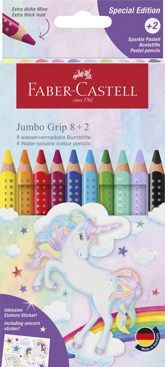 Faber-Castell Buntstifte - Jumbo Grip Einhorn - 10 Farben inkl. Aufkleberbogen – fc-110923