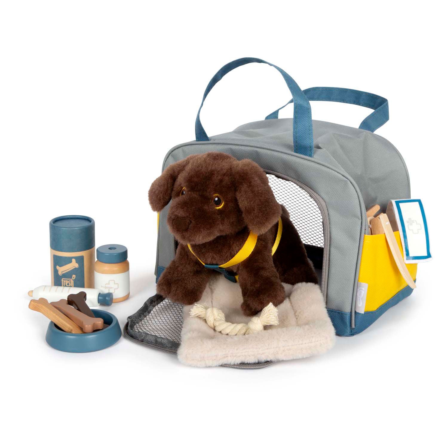 Kleiner Fußumarmendhund mit Trägertasche und Pflege -Set