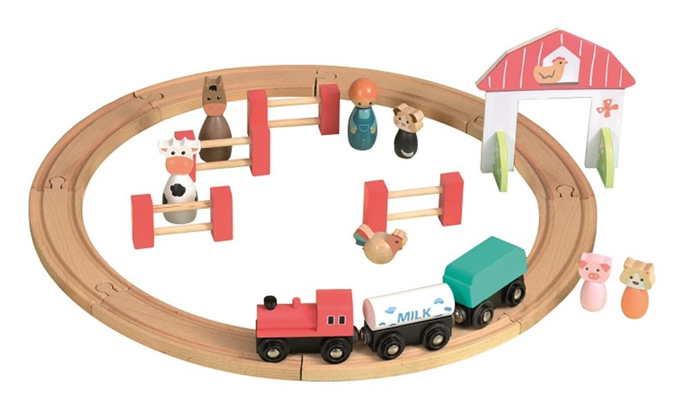Holzeisenbahngleis mit Zug und Figuren.