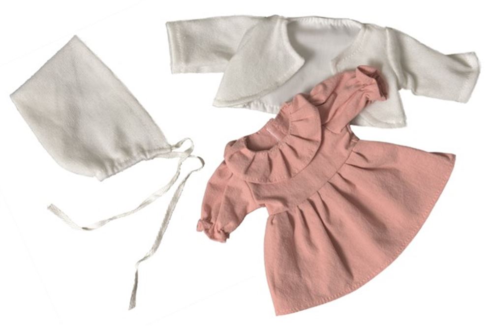 Puppenkleid, Strickjacke und Mütze rosa weiß. 1+