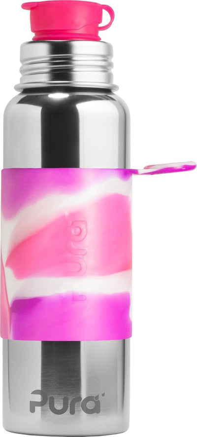 Pura Sportflasche 850 ml – Trinkflasche – Wasserflasche – plastikfrei – rostet nicht – spülmaschinenfest – inklusive Sporthülle und Sportkappe – Oberteil austauschbar – vielseitig einsetzbar – rosafarbener Wirbel