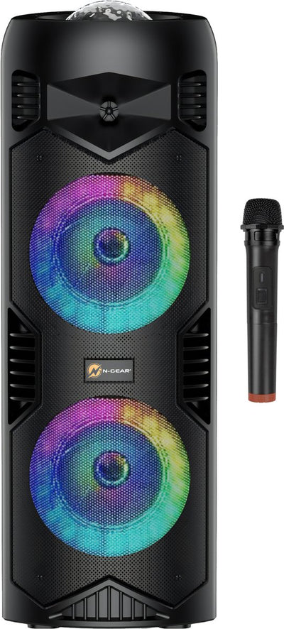 N-Gear LGP5150 – kabelloser Bluetooth-Partylautsprecher – Karaoke-Set – 1 Mikrofon – Disco-Beleuchtung – Stealth-Schwarz