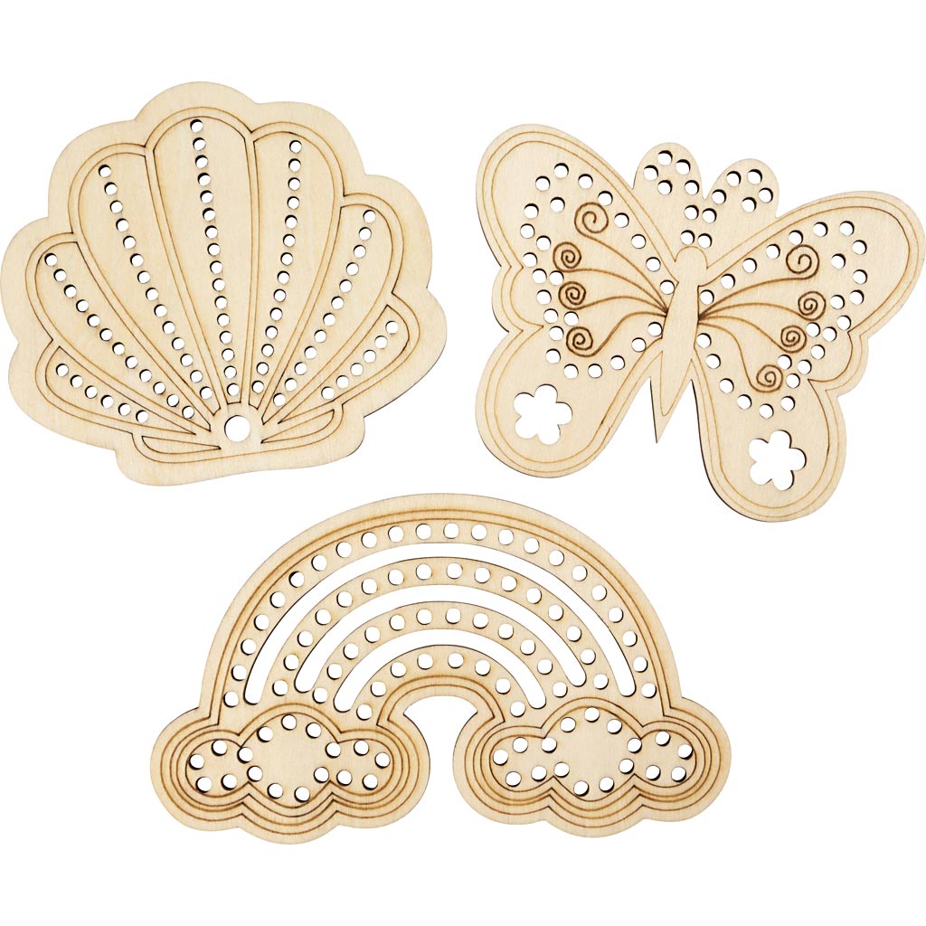 Creativ Company Holzform mit Löchern, Regenbogen, Muschel, Schmetterling, Größe 7,5-13 cm, 6 Stück 1 Box