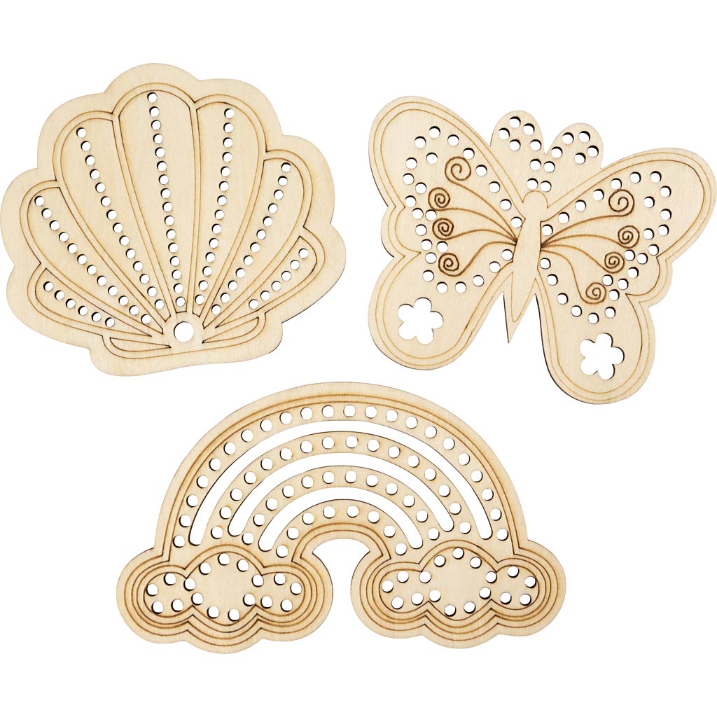 Creativ Company Holzform mit Löchern, Regenbogen, Muschel, Schmetterling, Größe 7,5-13 cm, 24 Stück 1 Box