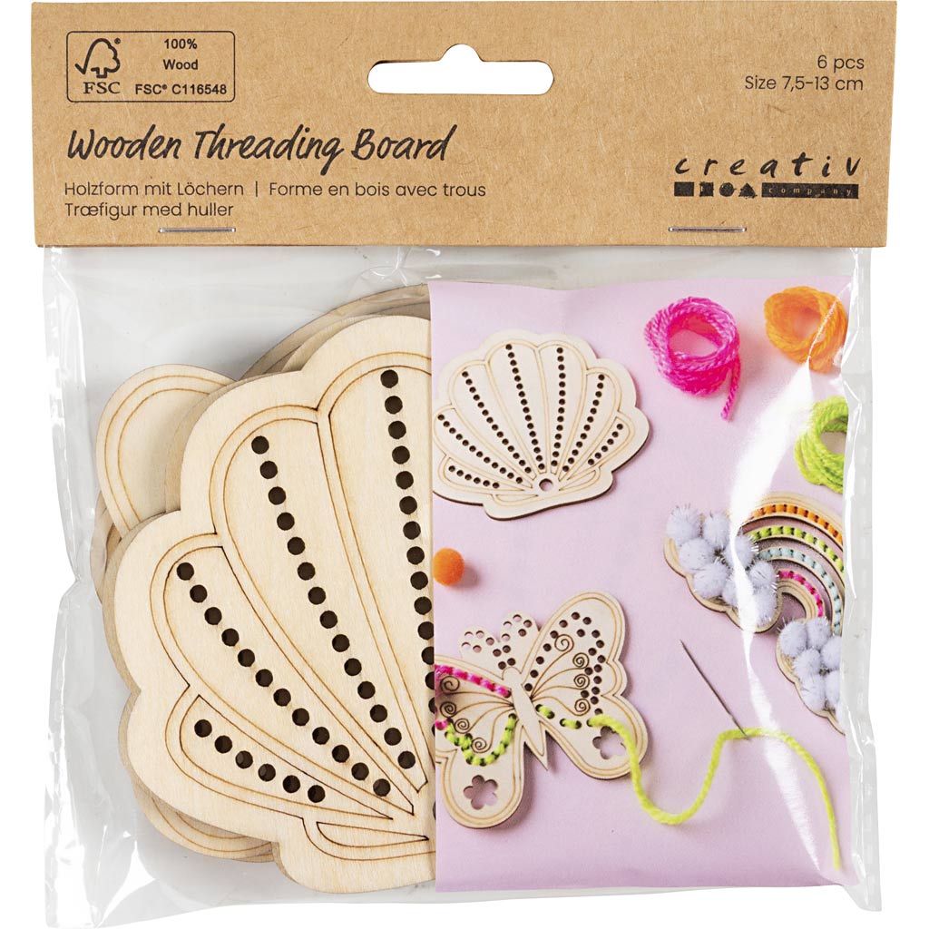 Creativ Company Holzform mit Löchern, Regenbogen, Muschel, Schmetterling, Größe 7,5-13 cm, 6 Stück 1 Box