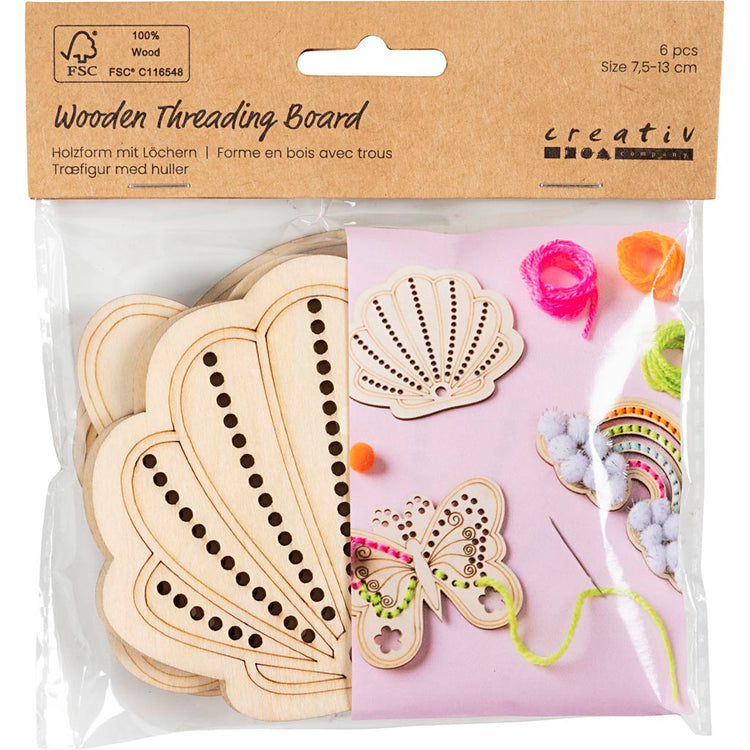 Creativ Company Holzform mit Löchern, Regenbogen, Muschel, Schmetterling, Größe 7,5-13 cm, 6 Stück 1 Box
