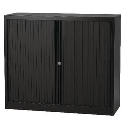 Rolltürschrank niedrig, Bisley-Stahl, 120 x 43 x 103 cm, schwarz, 1 Einlegeboden