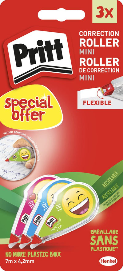 Pritt Emoji-Roller Vorteilspack 4,2 mm x 7 m Blisterkarte | 4 Emoji-Korrekturroller | Korrekturroller für Büro und Schule.
