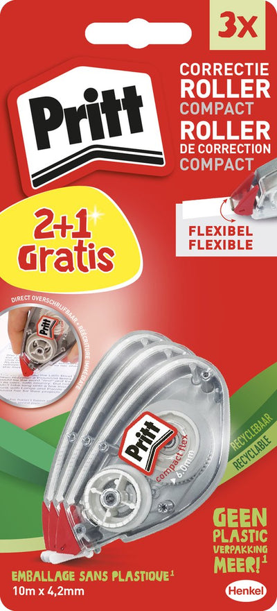 Pritt Korrekturroller kompakt | Rolle 4,2 x 10 mm | Benefit Korrekturroller Blister 2+1 gratis | Korrekturroller für Büro und Schule.