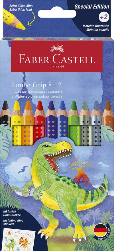 Faber-Castell Buntstifte – Jumbo-Griff Dino – 8 Farbgriffe + 2 Metallgriffe – mit Aufklebern – FC-110922
