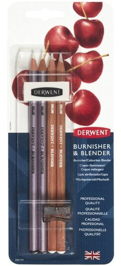 Derwent Blender Burnisher Bleistiftset – inklusive Radiergummi und Spitzer – professionelle Qualität – 4er-Set