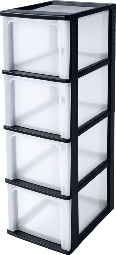 Iris Organizer-Kommode, Schubladensystem A4 – 4 tiefe Schubladen – 4 x 13 l – Kunststoff – schwarz transparent – ohne Rollen