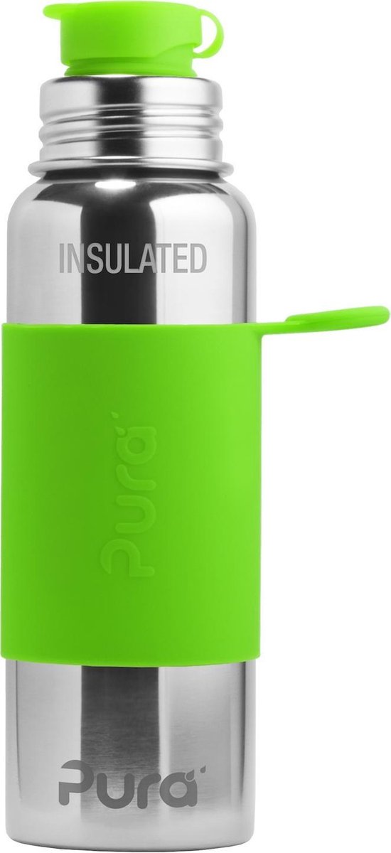 Pura Thermos-Sportflasche 650 ml – Thermoskanne – Thermosbecher – plastikfrei – mit Doppelwand – inklusive Sportkappe und Sporthülle – Oberteil ist austauschbar – grün