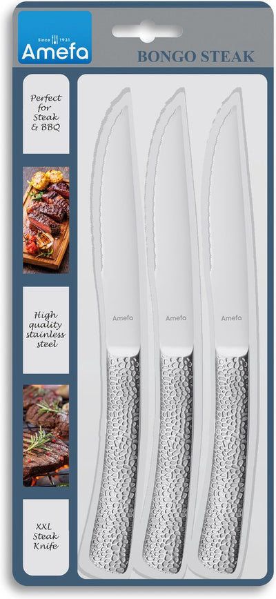 Amefa Bongo 3 Steakmesser XL - Edelstahl - spülmaschinenfest - Steak - gehämmertes Hochglanzdesign