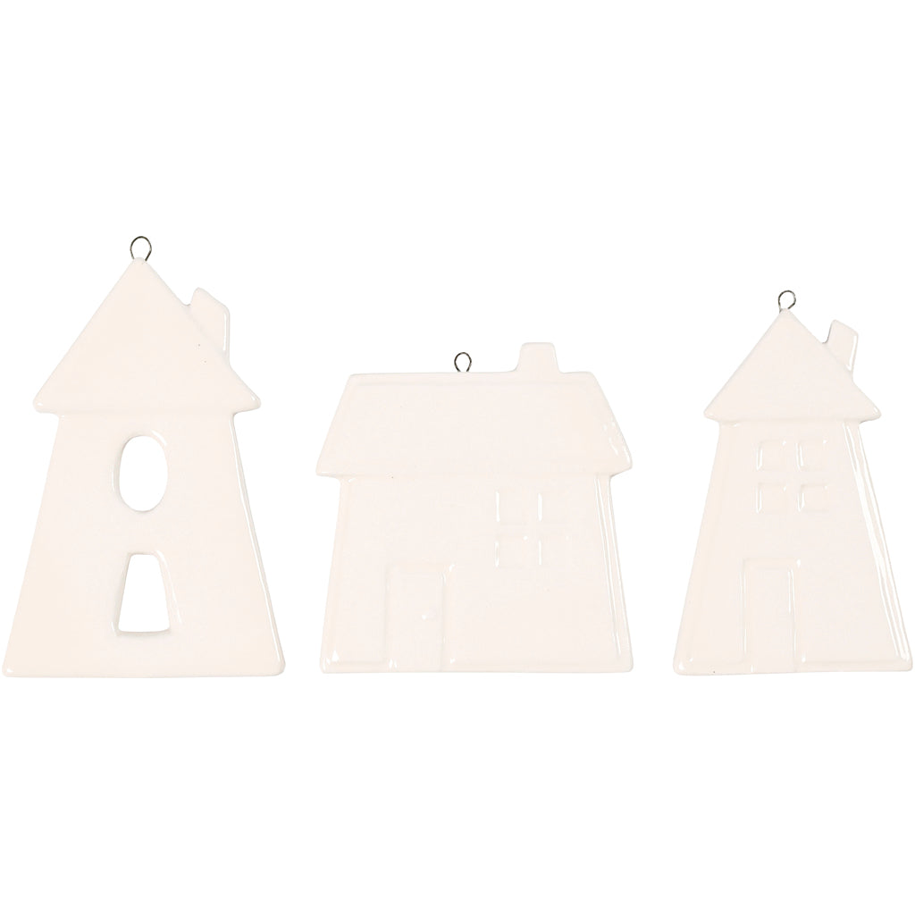 Creativ Company Hängeornamente, Häuser, H: 7,6-9,7 cm, weiß, 3 Stück 1 Box