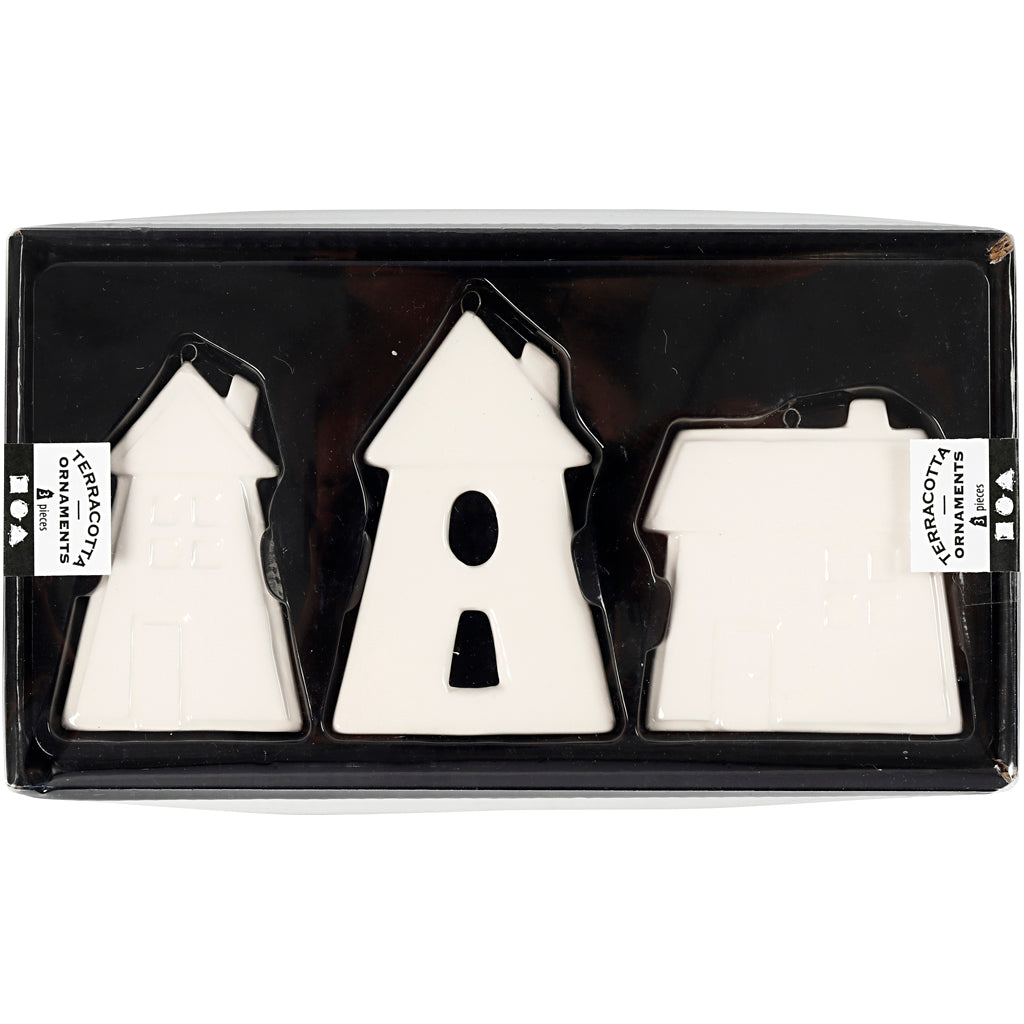 Creativ Company Hängeornamente, Häuser, H: 7,6-9,7 cm, weiß, 3 Stück 1 Box