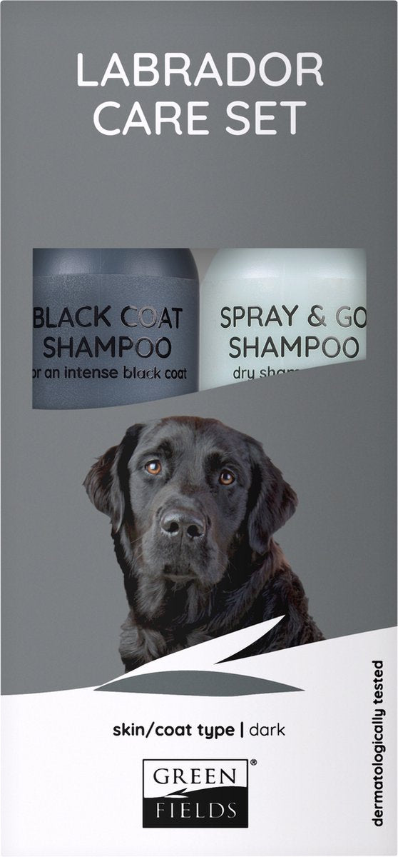 Greenfields Fellpflegeset für Labrador – schwarzes Fellshampoo und Spray Go Trockenshampoo 250 ml