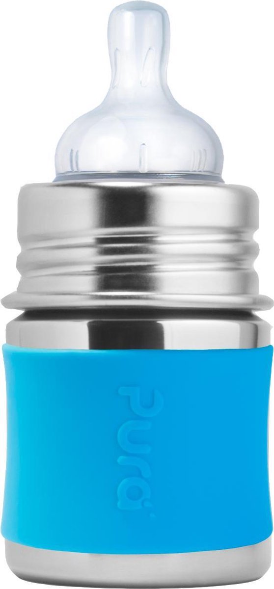Pura Saugerflasche 150 ml – plastikfrei – Trinkflasche – verhindert Magenkrämpfe – spülmaschinenfest – inklusive Silikonsauger, Reiseverschluss und Sleeve – Oberteil austauschbar – vielseitig einsetzbar – Aqua
