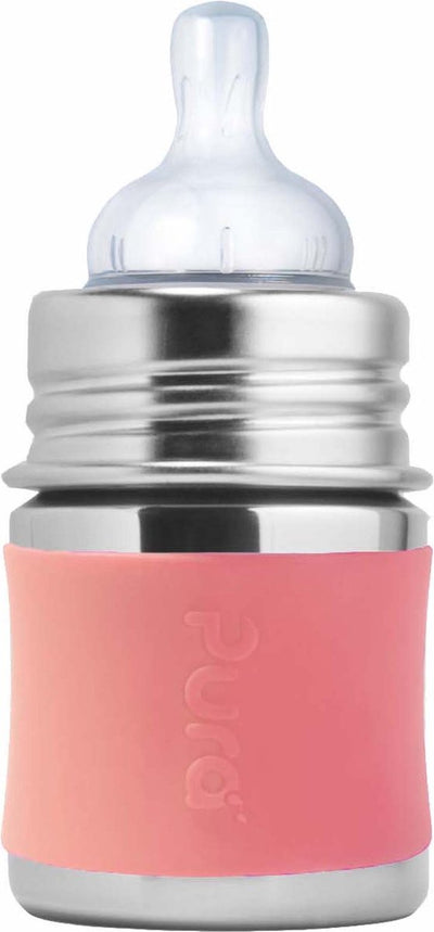 Pura Saugerflasche 150 ml – plastikfrei – Trinkflasche – verhindert Magenkrämpfe – spülmaschinenfest – inklusive Silikonsauger, Reiseverschluss und Sleeve – Oberteil austauschbar – vielseitig einsetzbar – Pink
