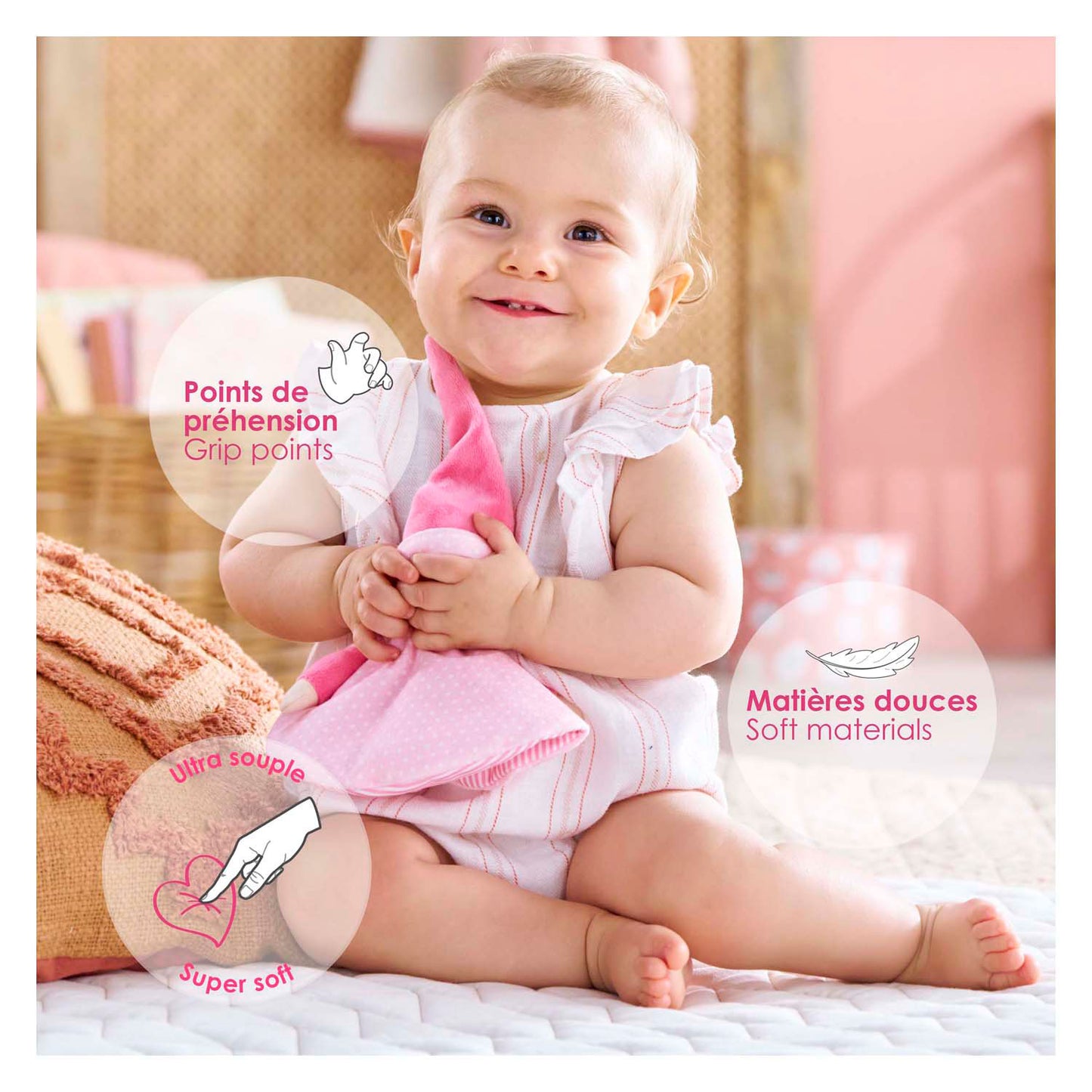 Corolle Tidoudou - Pink Kuscheltuch, 17 cm