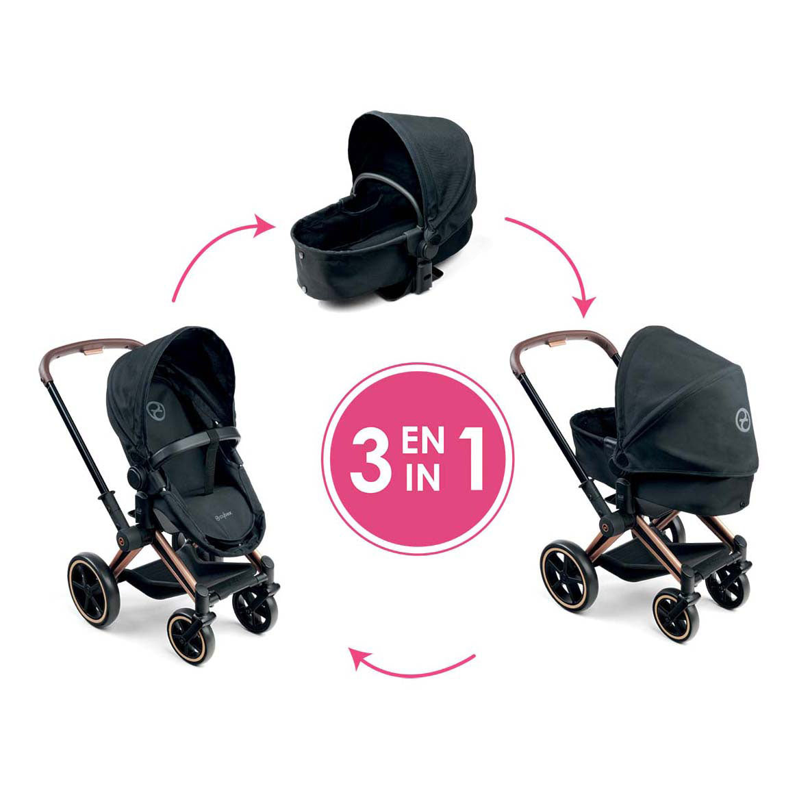 Corolle schwarzer Puppenwagen 3 in 1 für Babypuppen von 36–42 cm