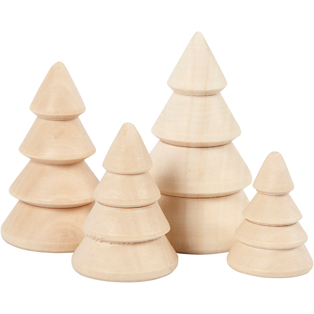 Creativ Company Weihnachtsbäume aus Holz, H: 3,3+4,3+5,3+6,3 cm, T 2,3+3+3,2+4 cm, 4 Stück 1 Karton