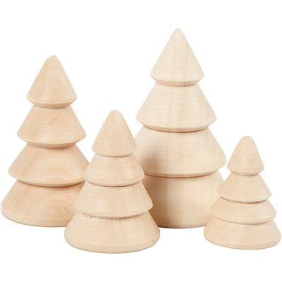 Creativ Company Weihnachtsbäume aus Holz, H: 3,3+4,3+5,3+6,3 cm, T 2,3+3+3,2+4 cm, 4 Stück 1 Karton