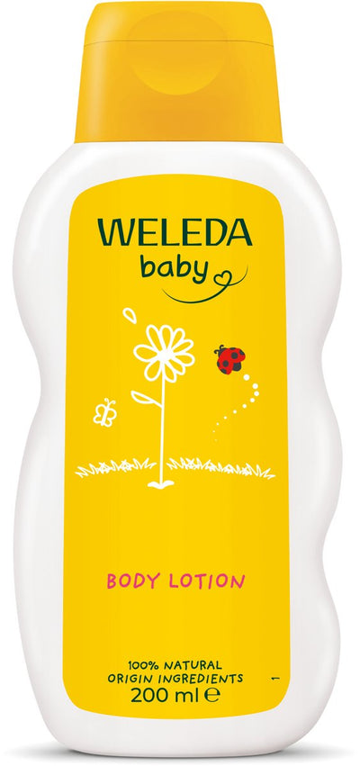 Weleda Baby Calendula Bodylotion – Calendula-Kamille – verhindert Austrocknung – hält die Haut weich und geschmeidig – 100 % natürliche Inhaltsstoffe – 200 ml