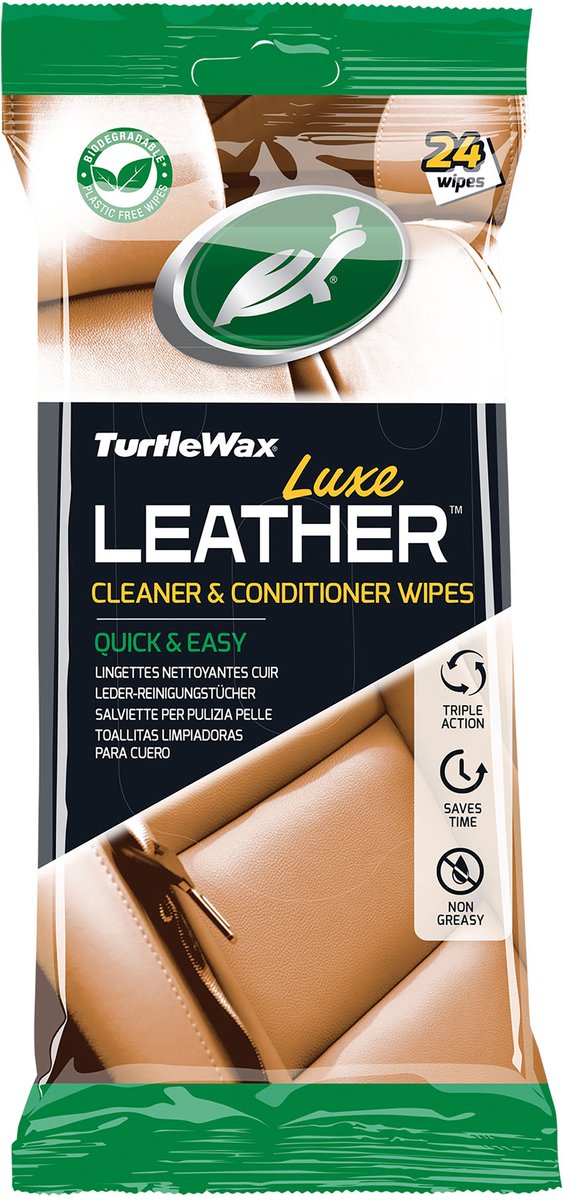 Luxus-Lederreiniger-Pflegetücher von Turtle Wax – für alle Leder- und Vinylkautschuke – zum Reinigen, Pflegen und Schützen – ein natürlich mattes Endergebnis – in wiederverschließbarer Verpackung – 24 Tücher
