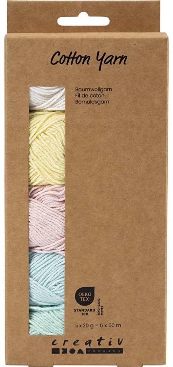 Creativ Company Baumwollgarn, Größe 8 4, L: 5x50 m, Pastellfarben, 5x20 g 1 Box