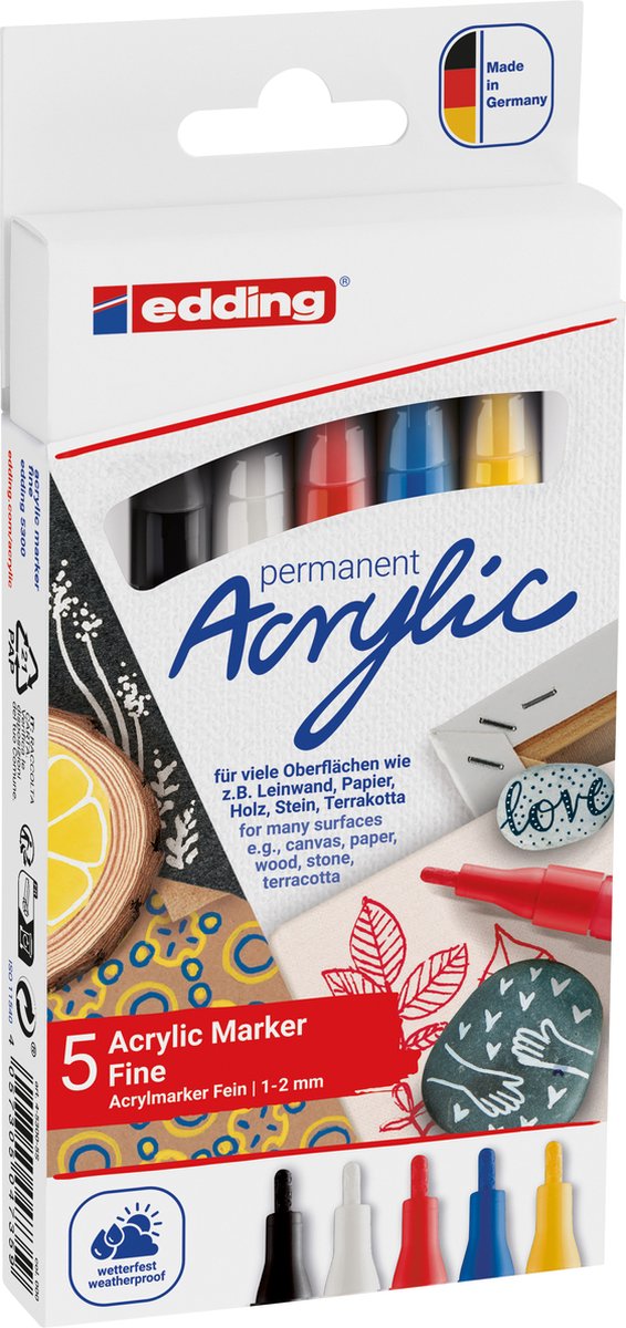Edding 5300 Acrylmarker fein – 5 Grundfarben – Schwarz, Verkehrsrot, Enzianblau, Sonnengelb und Verkehrsweiß – runde Spitze von 1–2 mm – wasserfeste Tinte zum Zeichnen auf Leinwand, Kunstdruckpapier, Holz, Kieselsteinen und Stein