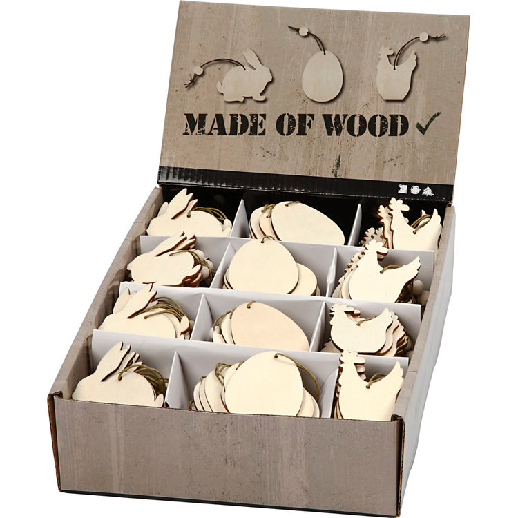 Creativ Company Holzdekorationen, Hase, Ei, Huhn, Größe 6 cm, Stärke 3 mm, 200 Stück 1 Box