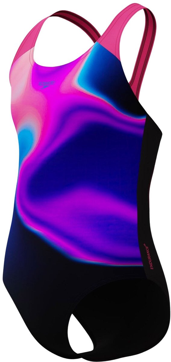 Speedo Print Splashback Sport-Badeanzug für Mädchen – Schwarz Lila