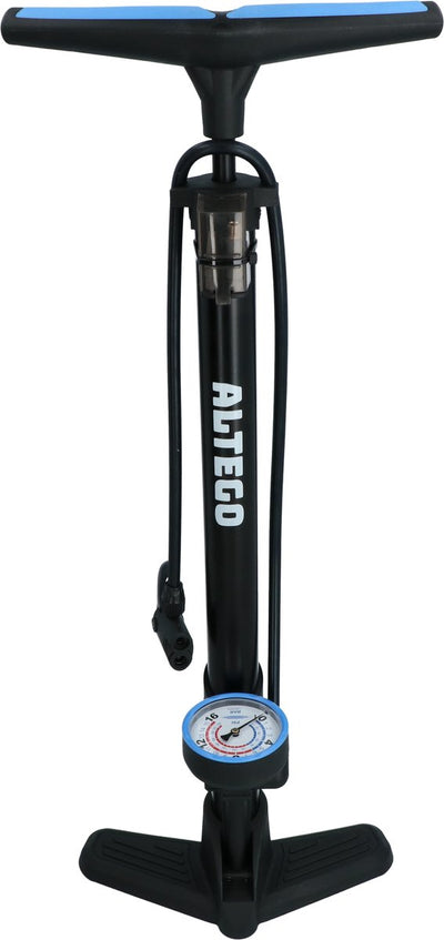 Altego Fahrradpumpe + Manometer – 11 bar 160 psi – Standpumpe mit Pumpenschlauch 75 cm – für Dunlop-, Presta- und Schrader-Ventile – mehrere Adapternippel