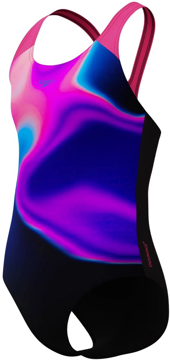 Speedo Print Splashback Sport-Badeanzug für Mädchen – Schwarz Lila