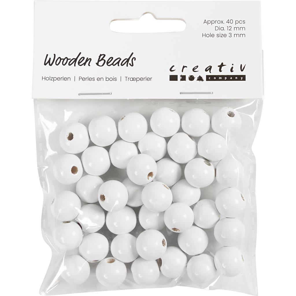 Creativ Company Holzperlen, D 12 mm, Lochgröße 3 mm, ca. 40 Stück, weiß, 22 g 1 Box