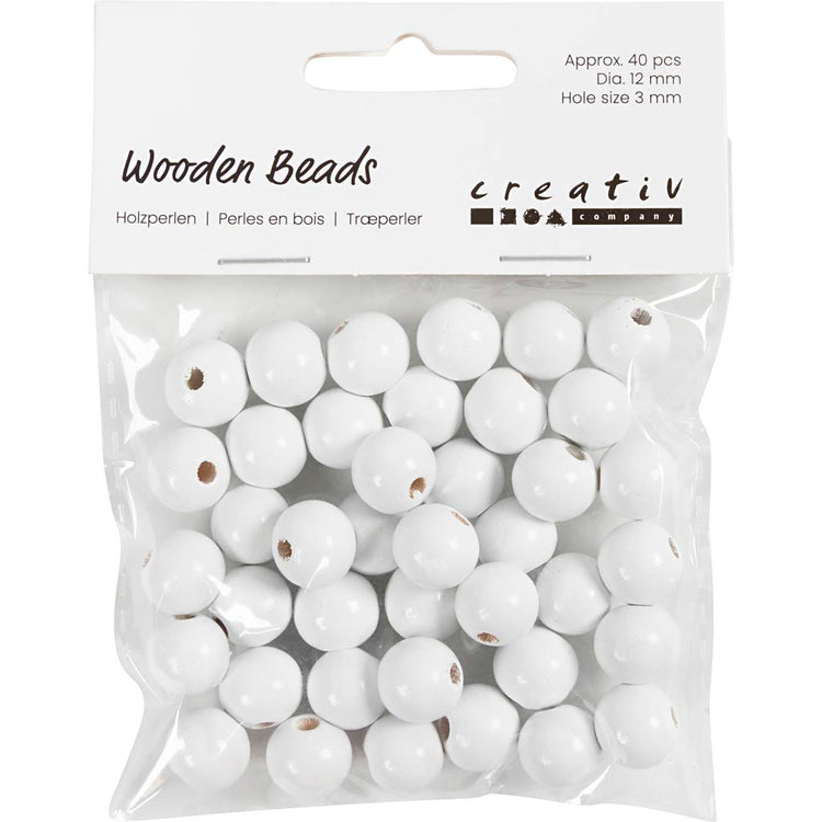 Creativ Company Holzperlen, D 12 mm, Lochgröße 3 mm, ca. 40 Stück, weiß, 22 g 1 Box