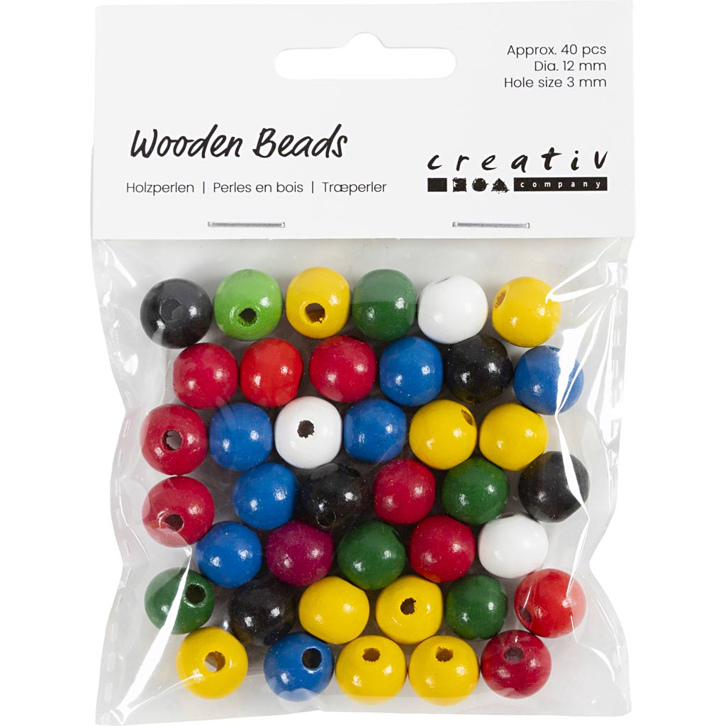 Creativ Company Holzperlen, D 12 mm, Lochgröße 3 mm, ca. 40 Teile, verschiedene Farben, 22 g 1 Box
