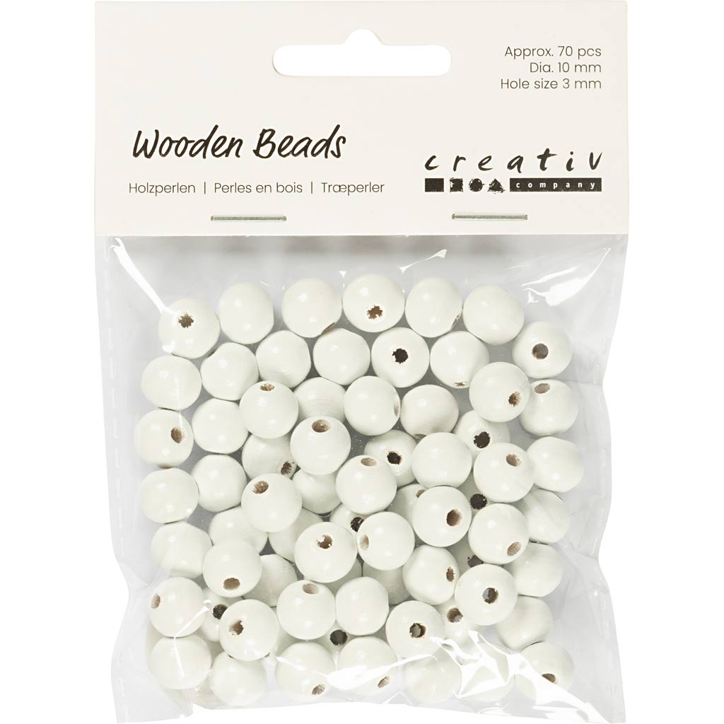 Creativ Company Holzperlen, D 10 mm, Lochgröße 3 mm, ca. 70 pieces, white, 20 g 1 box