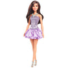 Barbie Fashionista-Puppe in einem lila Kleid mit Pailletten.