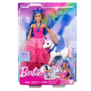 Mattel Einhornpuppe mit blauem Haar, rosa Kleid und Alicorn