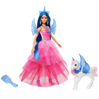 Mattel Einhornpuppe mit blauem Haar, rosa Kleid und Alicorn