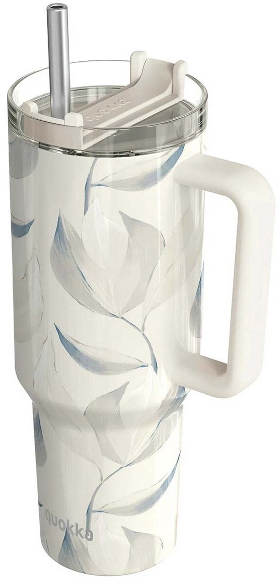 Quokka, Isolierbecher 1200 ml mit Strohhalm mit Baumwollblattmotiv, weiß