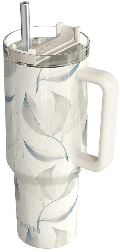 Quokka, Isolierbecher 1200 ml mit Strohhalm mit Baumwollblattmotiv, weiß