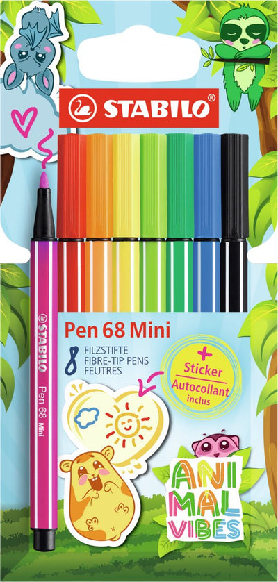 Stabilo Pen 68 Mini – Premium-Filzstift – Animal Vibes – Etui mit 8 Farben + Aufkleber