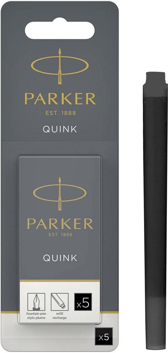 Parker lange Füllfederhalter-Tintenpatronen | schwarze Quink-Tinte | 5 Füllfederhalterpatronen (Blister)