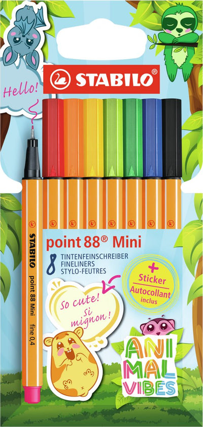 Stabilo point 88 mini – Premium Fineliner – Animal Vibes – Etui mit 8 Farben + Aufkleber