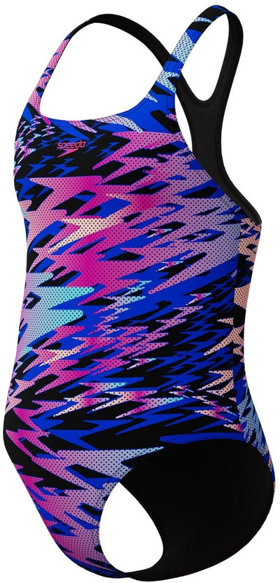 Speedo H-Boom Print Medalist 1-teiliger Mädchen-Sportbadeanzug – Schwarz-Rosa