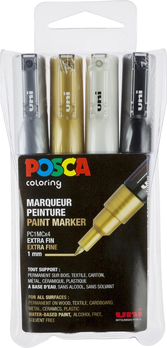 Posca-Lackmarker-Set, 1 mc, Weiß, Schwarz, Gold, Silber